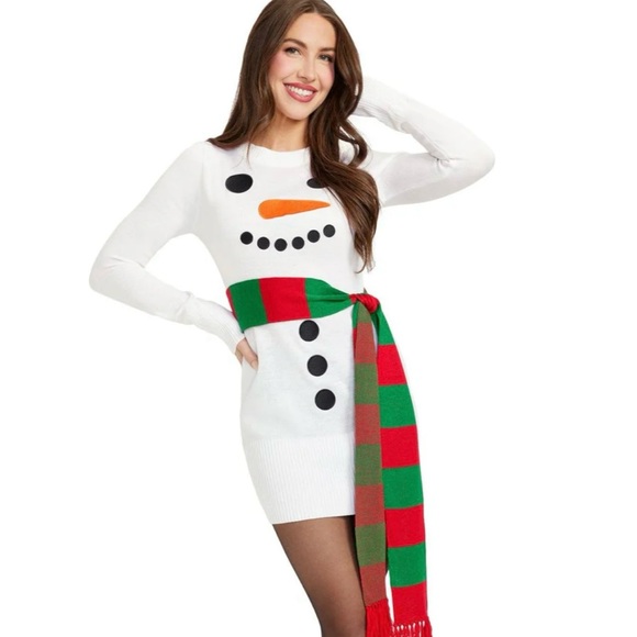 Tipsy Elves White and Red Long Sleeve Sweater Dress - Picture 1 of 4